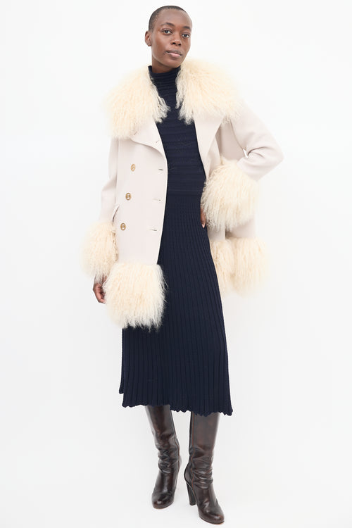 Sonia Rykiel Beige Wool & Fur Trim Mid Length Coat