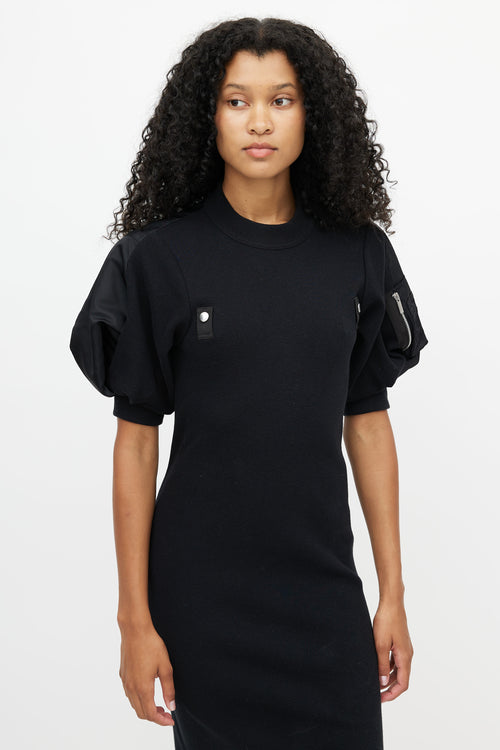Sacai Black Ribbed Knit & Nylon Puff Dress