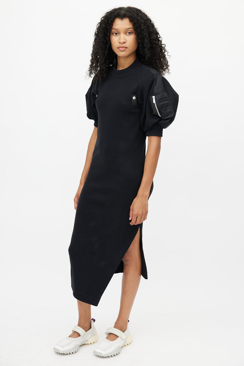 Sacai Black Ribbed Knit & Nylon Puff Dress
