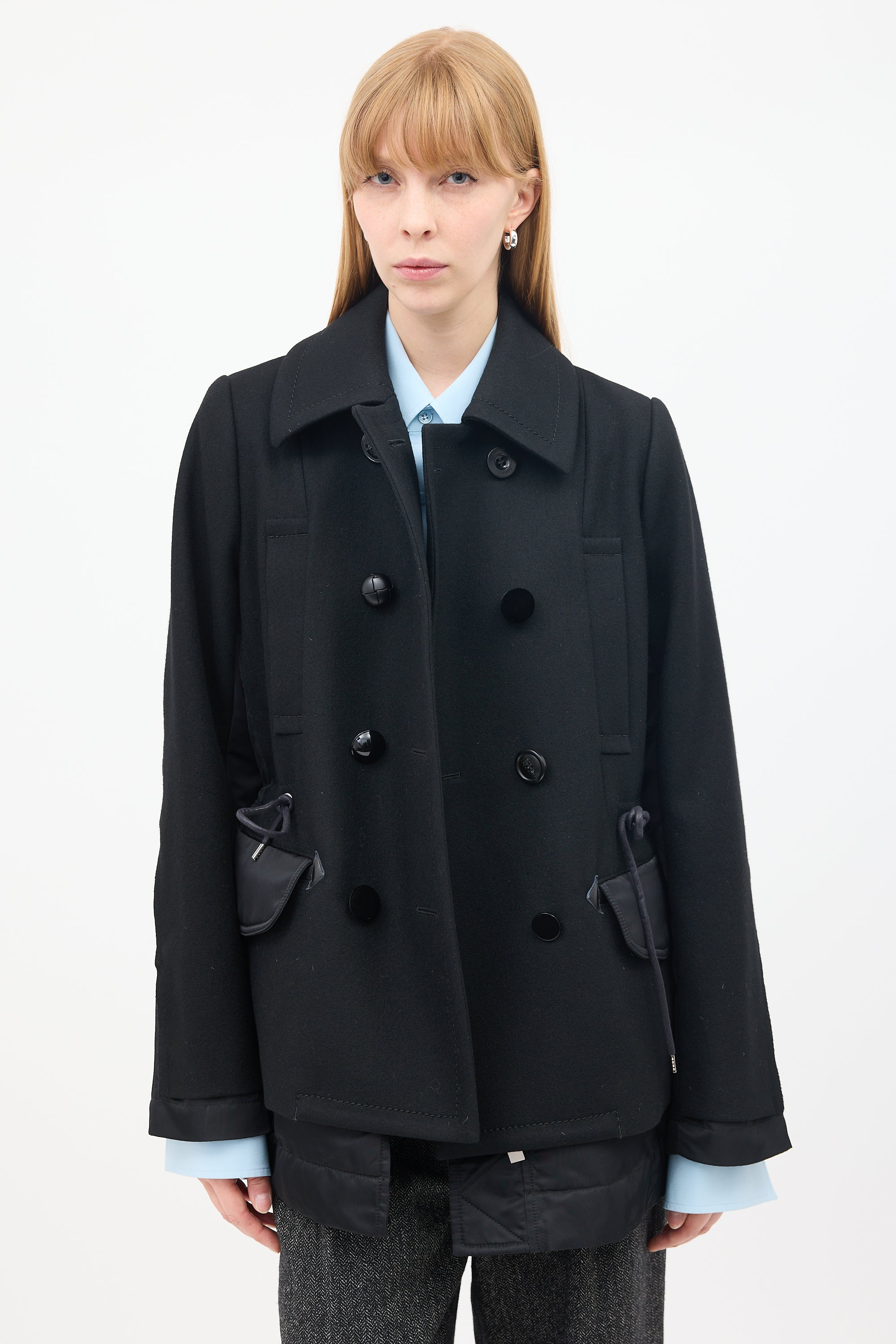 Sacai Black Wool & Nylon Drawstring Waist Pea Coat