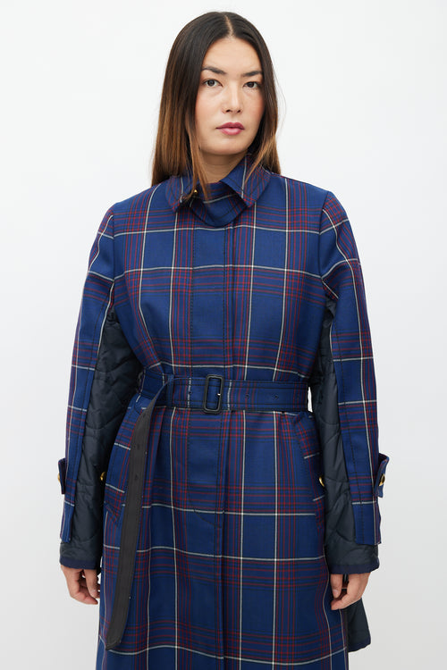 Sacai Fall 2018 Navy Plaid & Nylon Belted Coat