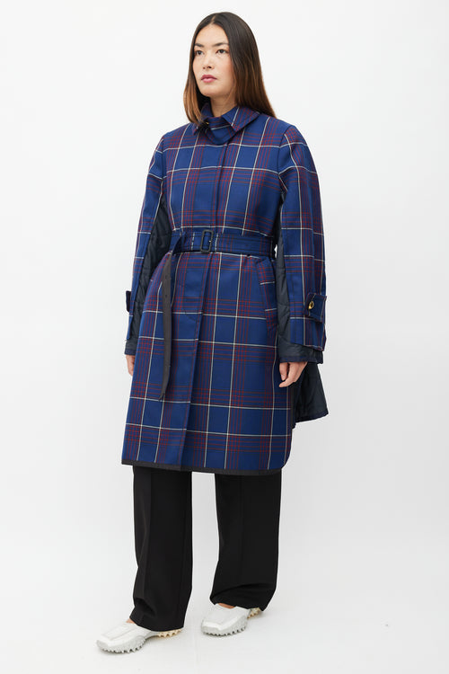 Sacai Fall 2018 Navy Plaid & Nylon Belted Coat
