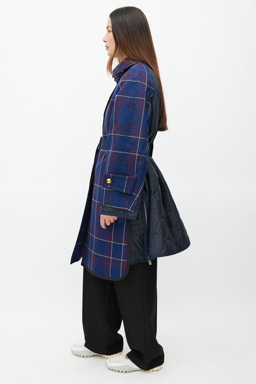 Sacai Fall 2018 Navy Plaid & Nylon Belted Coat