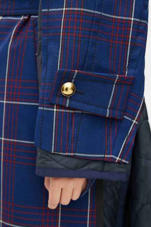 Sacai Fall 2018 Navy Plaid & Nylon Belted Coat