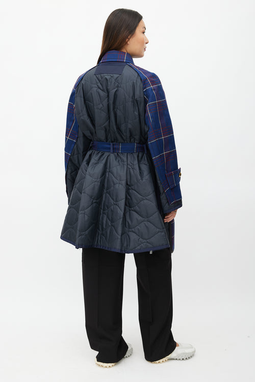 Sacai Fall 2018 Navy Plaid & Nylon Belted Coat