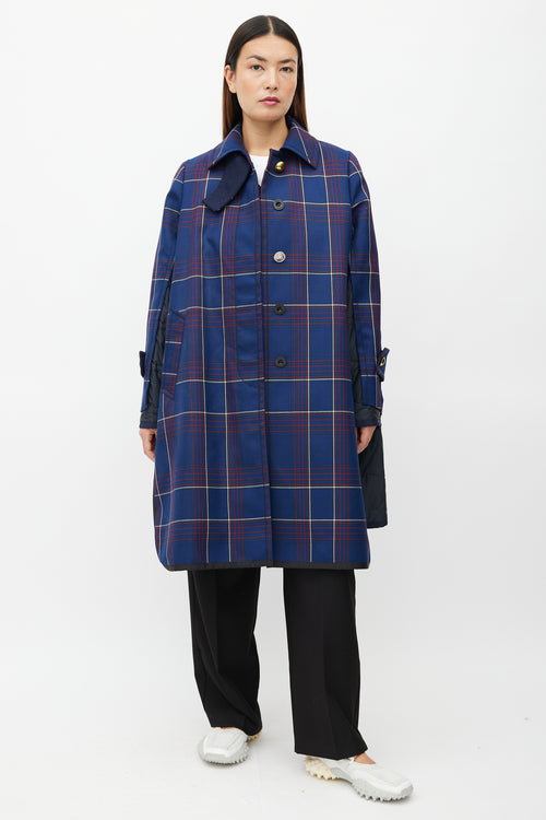 Sacai Fall 2018 Navy Plaid & Nylon Belted Coat