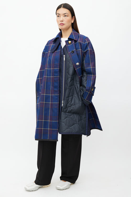 Sacai Fall 2018 Navy Plaid & Nylon Belted Coat
