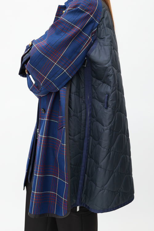Sacai Fall 2018 Navy Plaid & Nylon Belted Coat