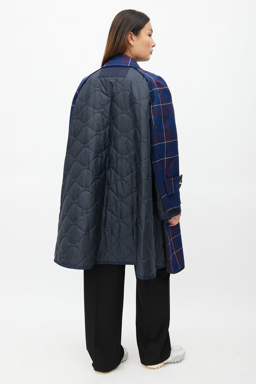 Sacai Fall 2018 Navy Plaid & Nylon Belted Coat