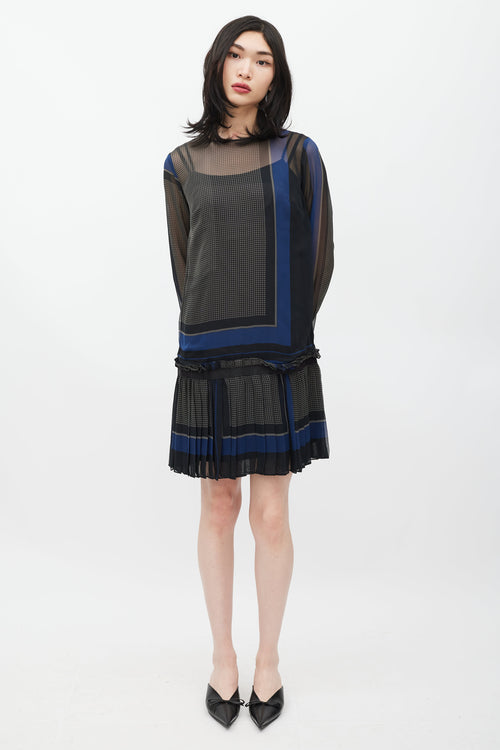 Sacai Grey & Navy Geometric Pleated Dress