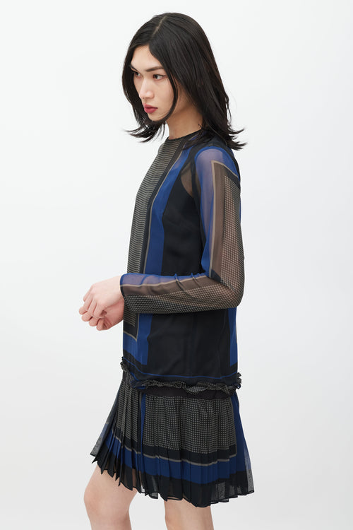 Sacai Grey & Navy Geometric Pleated Dress