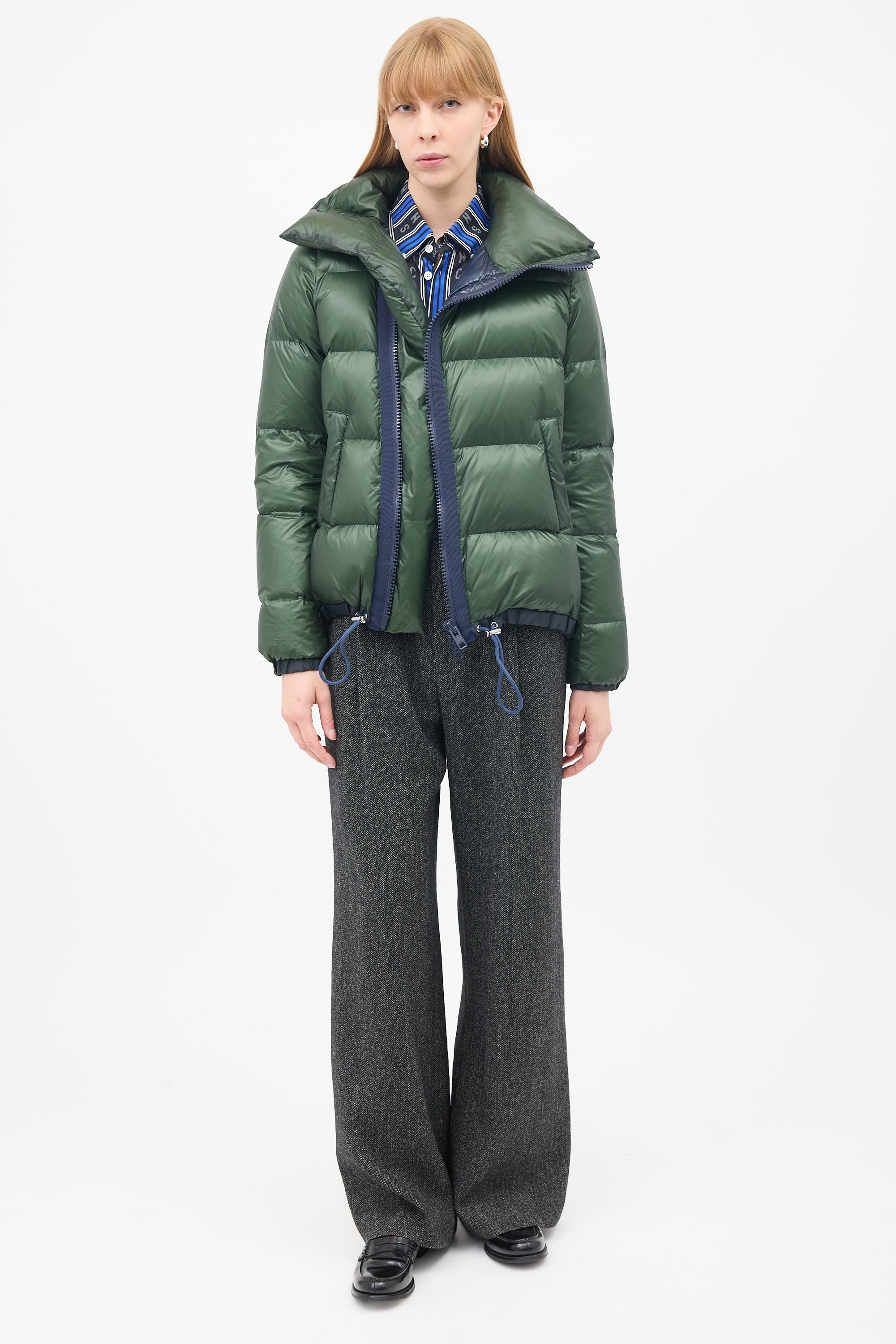 Sacai Luck Green Nylon Asymmetric Zip Puffer Jacket