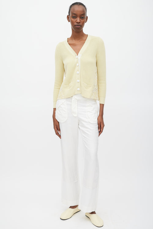 Sacai Luck Yellow & White Cotton Floral Eyelet Cardigan