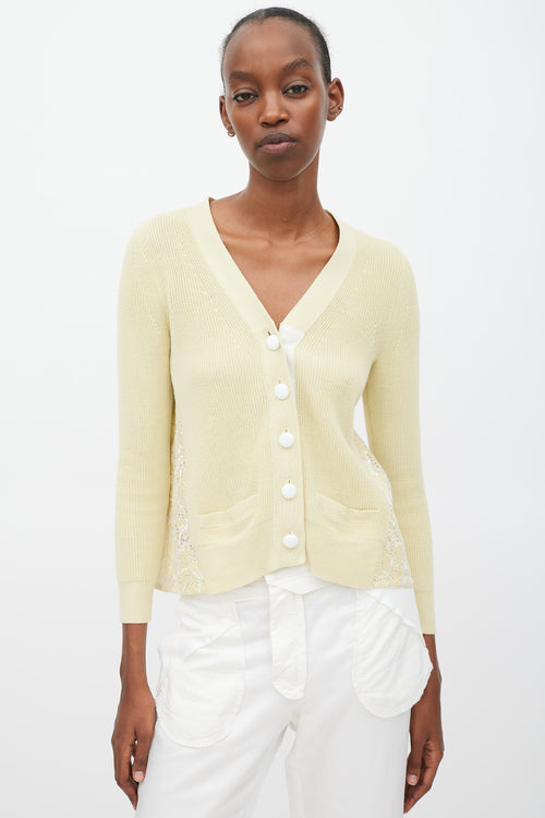 Sacai Luck Yellow & White Cotton Floral Eyelet Cardigan