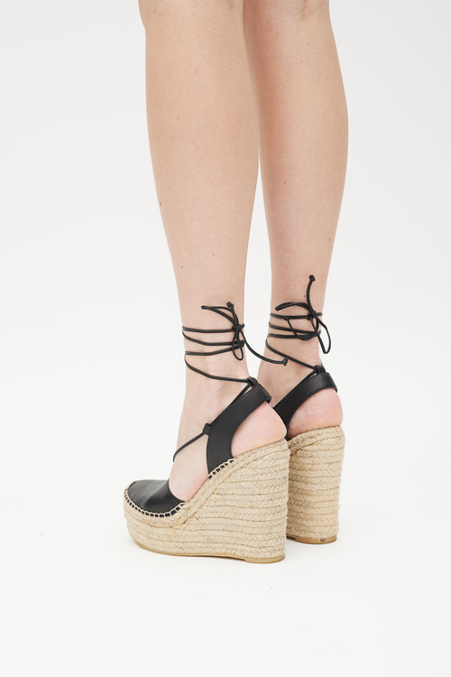 Saint Laurent Beige & Black Leather Wedge Espadrille Sandal