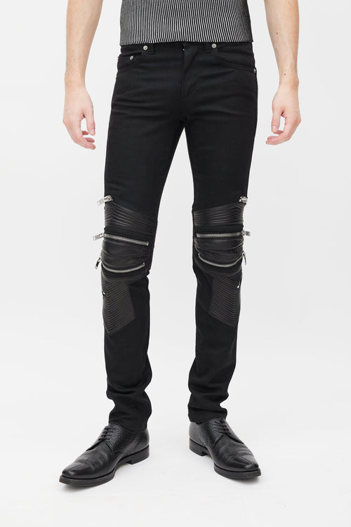 Saint Laurent Black Denim & Leather Slim Biker Pant