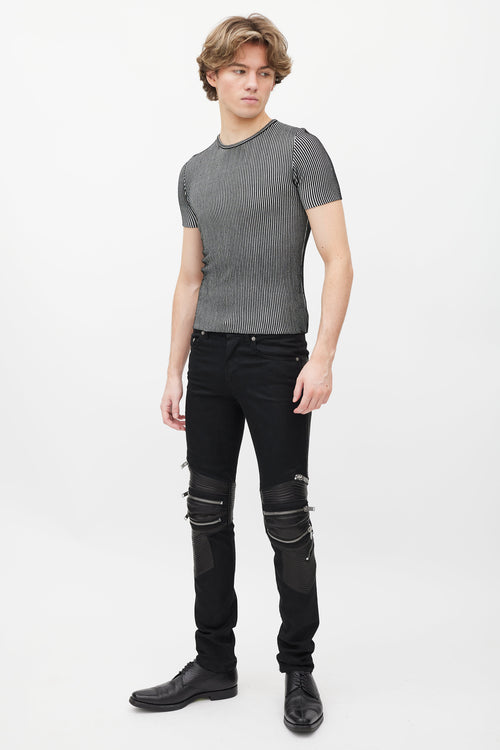 Saint Laurent Black Denim & Leather Slim Biker Pant