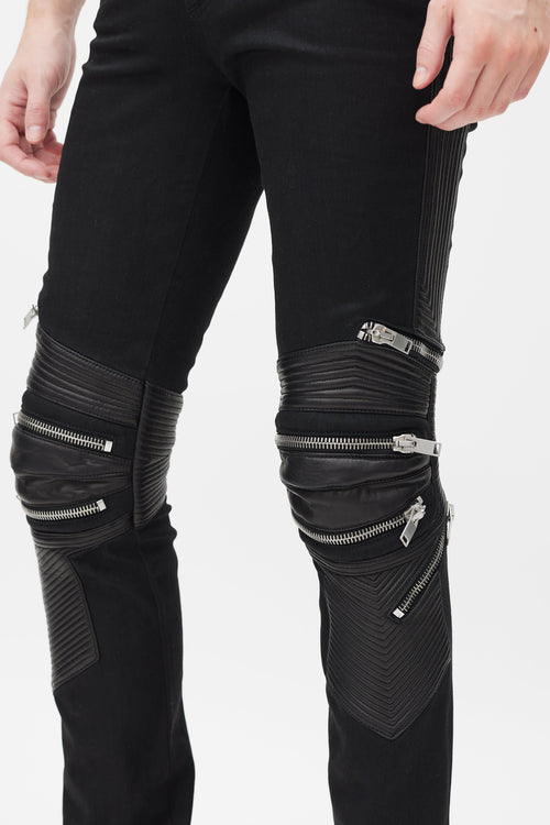 Saint Laurent Black Denim & Leather Slim Biker Pant