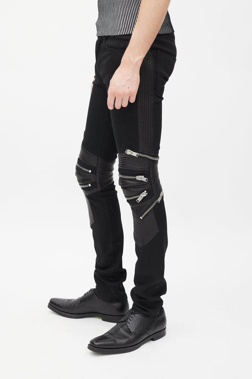 Saint Laurent Black Denim & Leather Slim Biker Pant