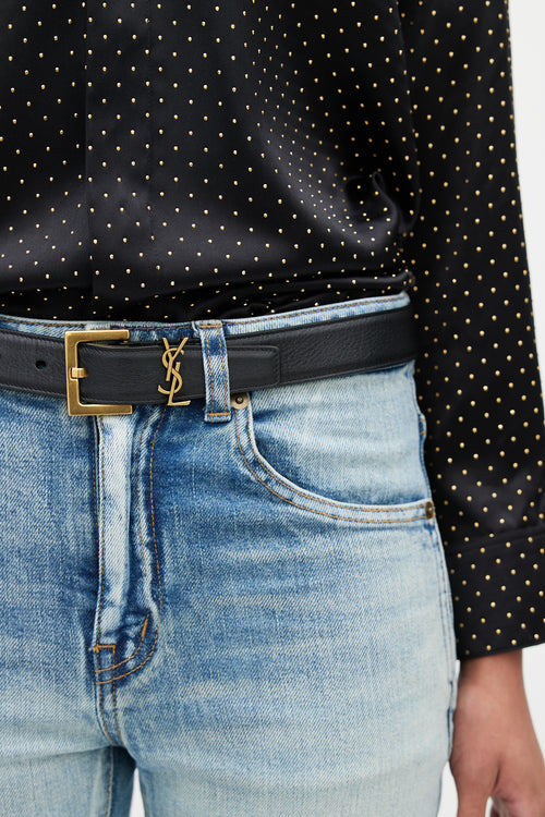 Saint Laurent Black & Gold Cassandre Leather Belt