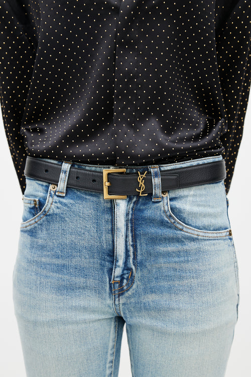 Saint Laurent Black & Gold Cassandre Leather Belt