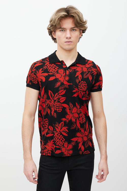 Saint Laurent Black & Red Floral Polo Shirt