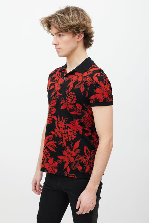 Saint Laurent Black & Red Floral Polo Shirt