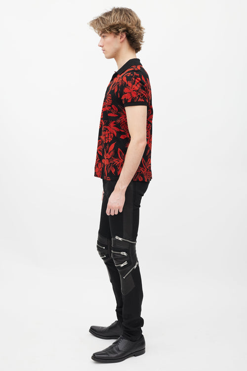 Saint Laurent Black & Red Floral Polo Shirt