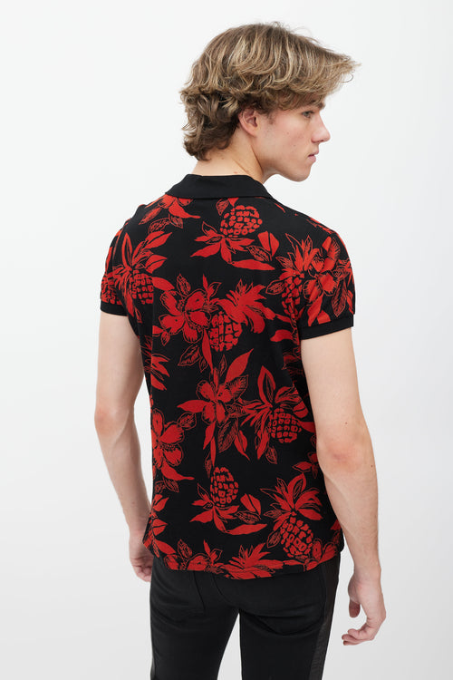 Saint Laurent Black & Red Floral Polo Shirt