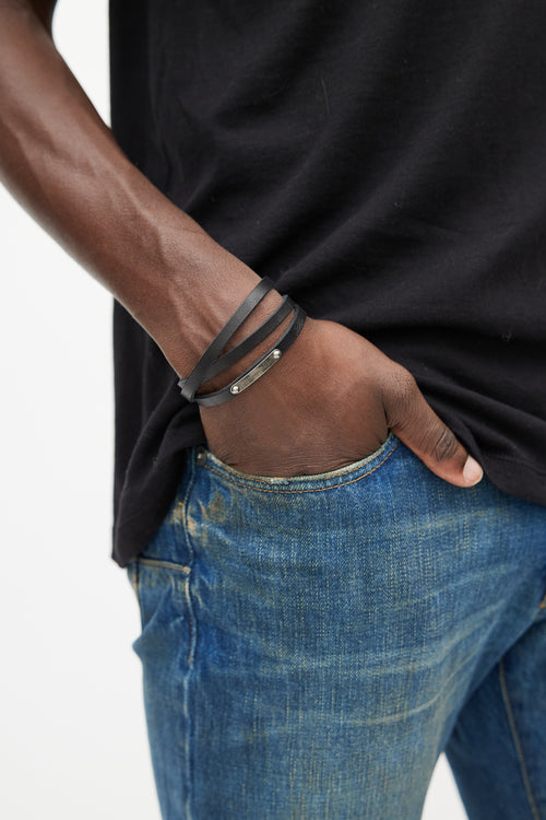 Saint Laurent Black & Silver Leather Logo Wrap Bracelet
