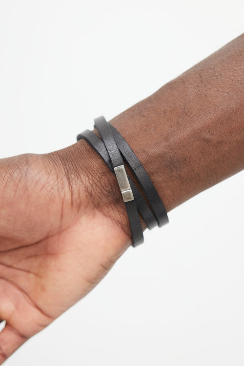 Saint Laurent Black & Silver Leather Logo Wrap Bracelet