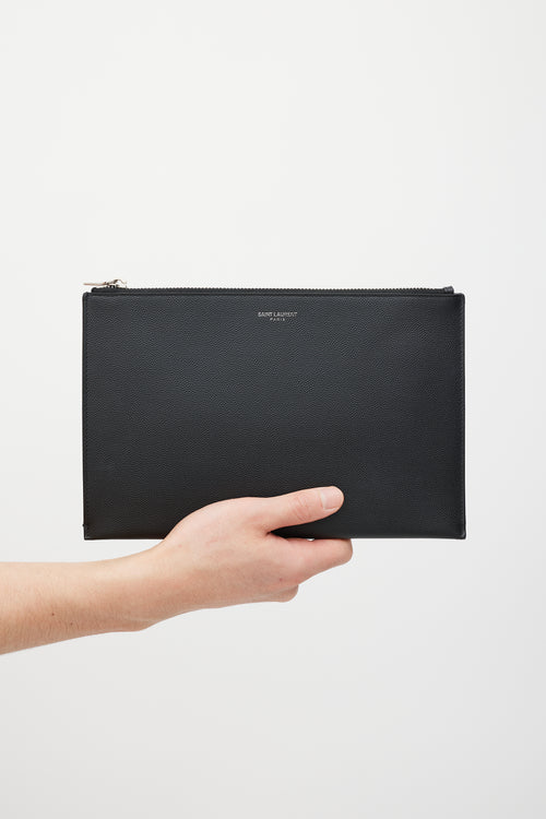 Saint Laurent Black & Silver Pebbled Leather Clutch