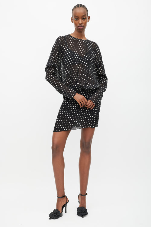 Saint Laurent Black & White Silk Sheer Polka Dot Dress