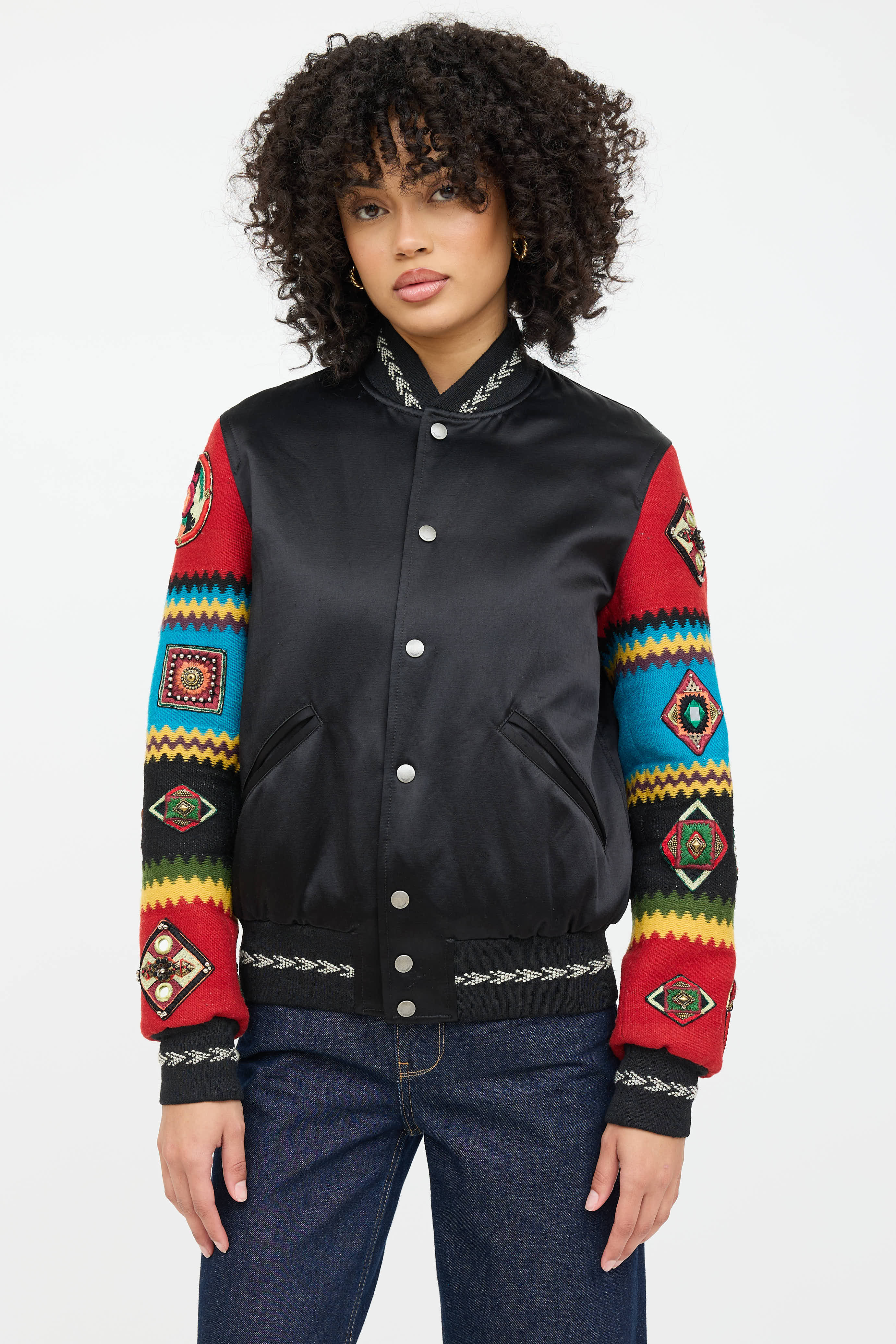 Saint Laurent Satin Embroidered Embellished Bomber Jacket