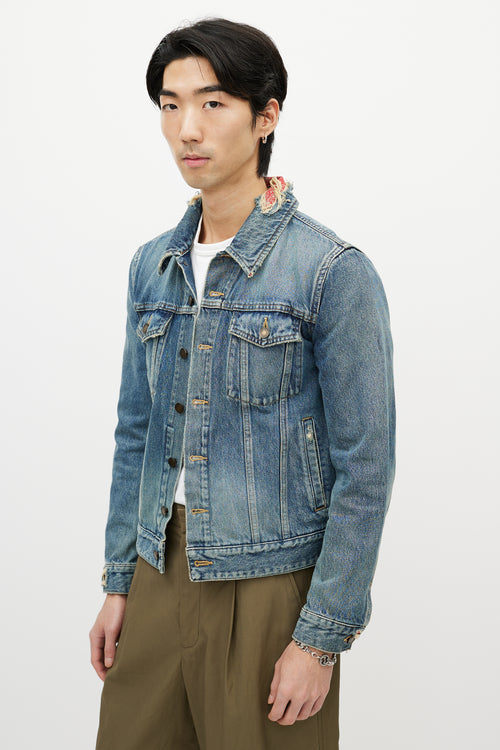 Saint Laurent Blue & Red Bandana Distressed Denim Jacket