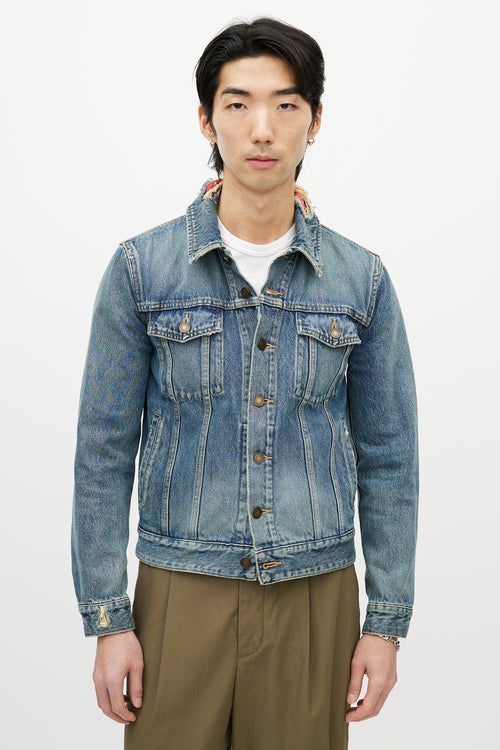 Saint Laurent Blue & Red Bandana Distressed Denim Jacket