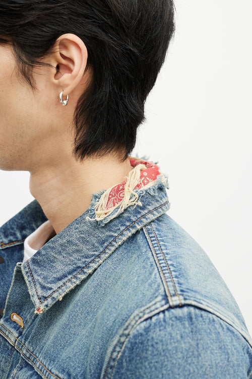Saint Laurent Blue & Red Bandana Distressed Denim Jacket