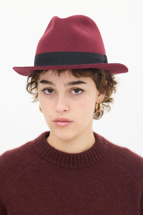 Saint Laurent Burgundy & Black Felt Fedora Hat