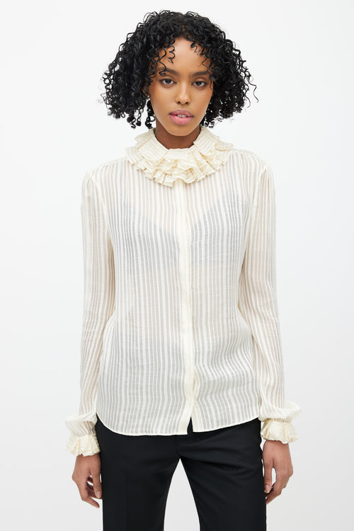 Saint Laurent Cream & Gold Metallic Silk Ruffled Shirt