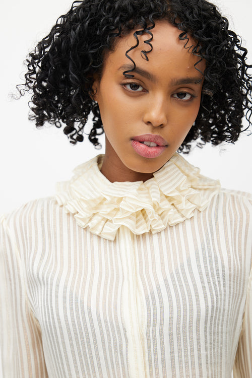 Saint Laurent Cream & Gold Metallic Silk Ruffled Shirt