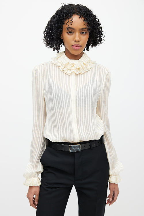 Saint Laurent Cream & Gold Metallic Silk Ruffled Shirt