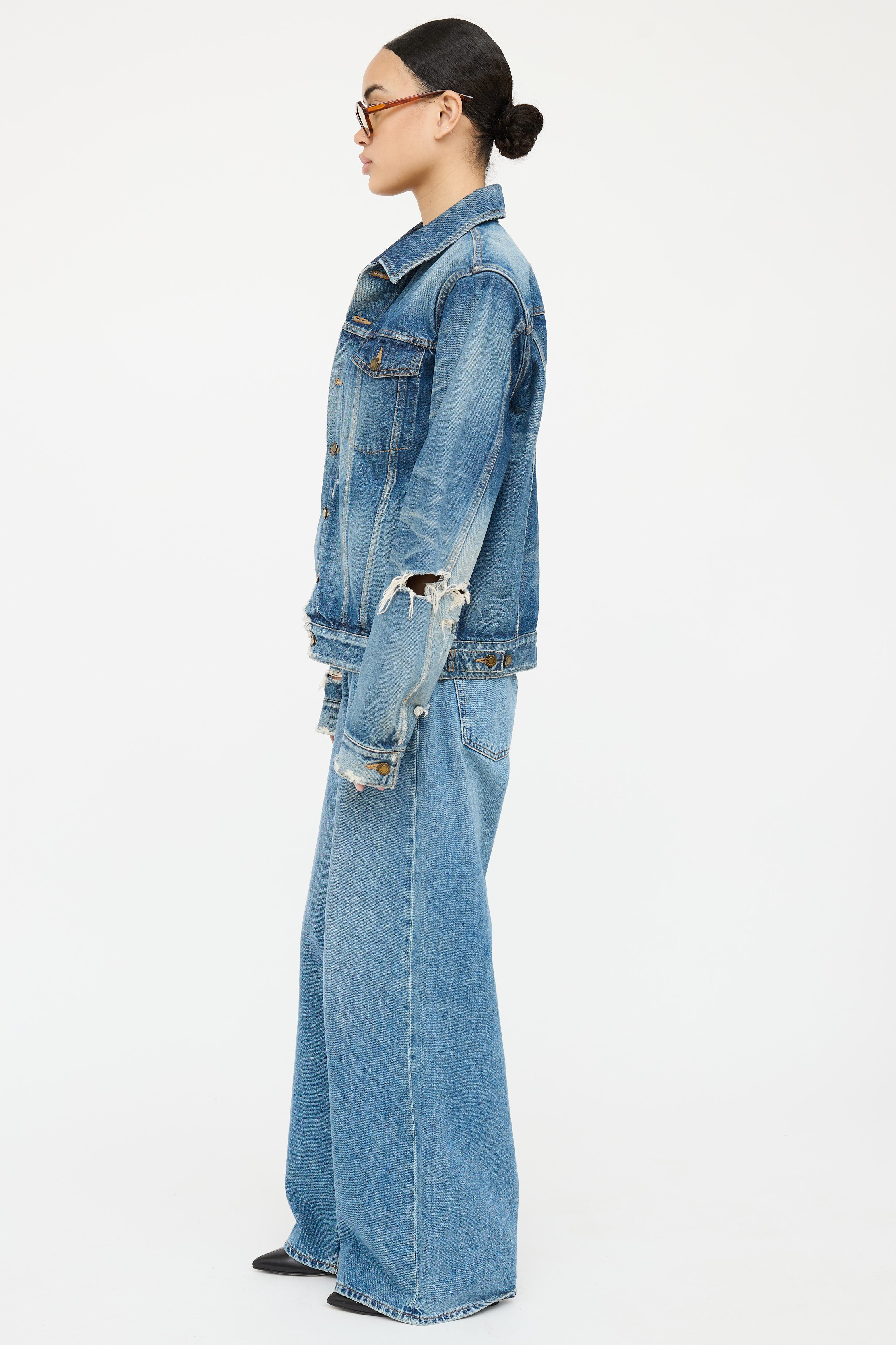 Saint Laurent Medium Wash Distressed Denim Jacket
