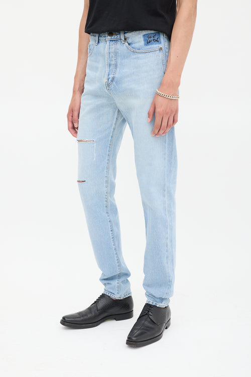 Saint Laurent Light Wash Distressed & Embroidered Slim Jeans