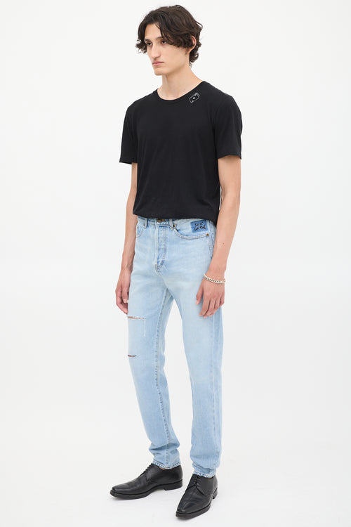 Saint Laurent Light Wash Distressed & Embroidered Slim Jeans