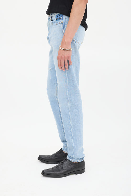 Saint Laurent Light Wash Distressed & Embroidered Slim Jeans