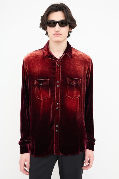 Saint Laurent Red & Burgundy Crushed Velvet Shirt