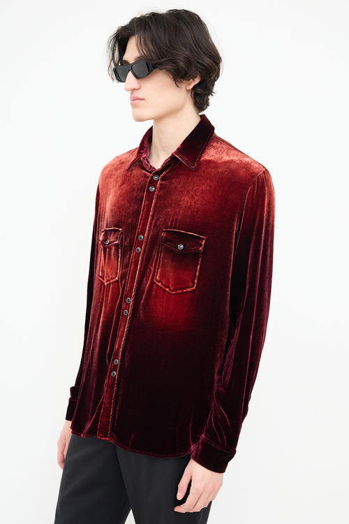 Saint Laurent Red & Burgundy Crushed Velvet Shirt
