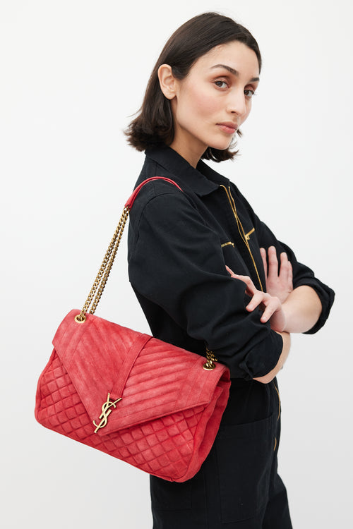 Saint Laurent Red & Gold Suede Triquilt Bag