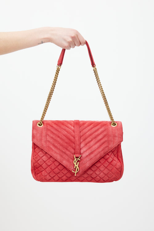 Saint Laurent Red & Gold Suede Triquilt Bag