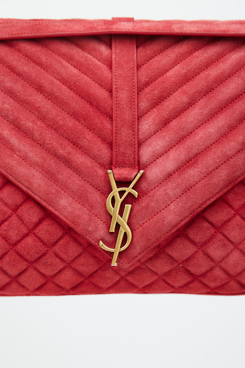 Saint Laurent Red & Gold Suede Triquilt Bag